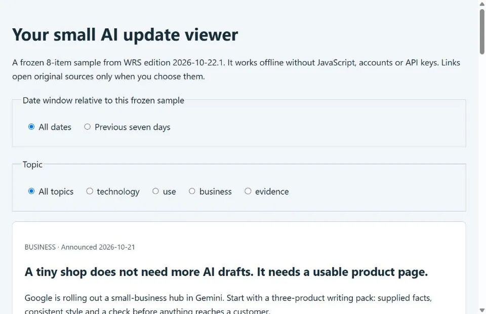 The existing local AI viewer with working date and topic filters.