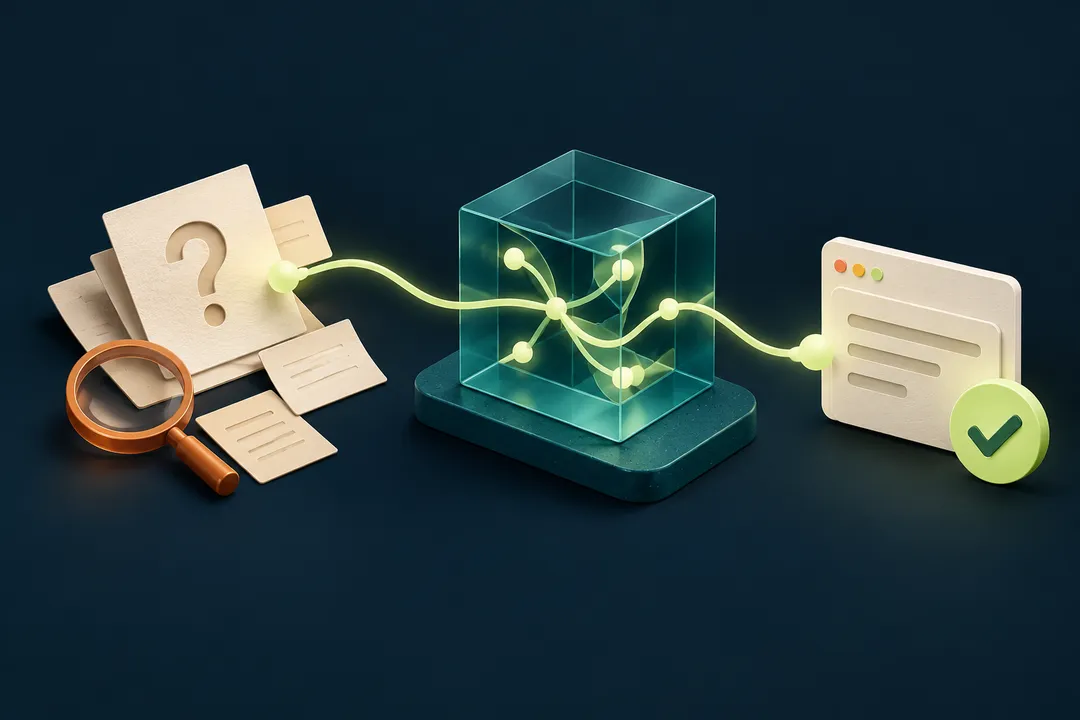 Illustration: a question passes through branching AI-assisted exploration to a result that a person checks.